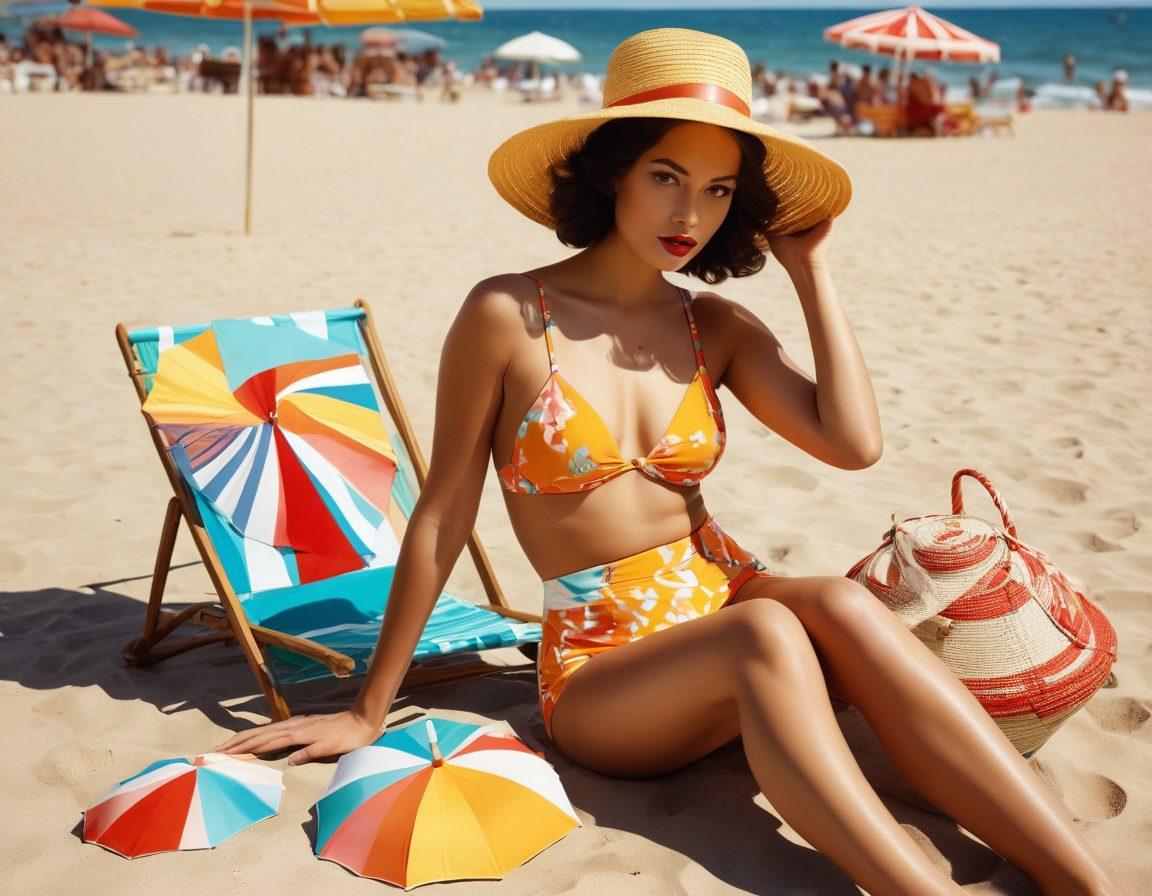 A sun-drenched beach scene featuring diverse models wearing elegant vintage swimwear from the 1920s to the 1970s, showcasing bold patterns, high-waisted bikinis, and classic one-pieces. Surrounding them are retro beach accessories like colorful umbrellas, straw hats, and lounging beach chairs. Capture the essence of summer with a nostalgic, vibrant color palette, evoking a sense of timeless allure. vintage illustration. vibrant colors. soft focus.